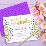 Modern för bat mitzvah Lila, guldblomma Livets trä Tilläggskort<br><div class="desc">Var stolt, gladd och visa den här milstolpen av din favoritBat mitzvah! Den här abstrakten är grafisk faux-guld-folie träd med glatt turkos, teal, lila och blue Star av David och punkt "löv" på vit bakgrund den infogade informationen om perfekt personlig party vid detta särskilda tillfälle. En liten, mörk lila Star...</div>
