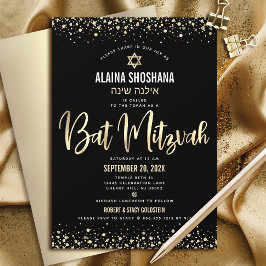 Modern för bat mitzvah svart gulfenad Glitter-skri Inbjudningar