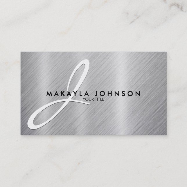 Modern & för elegant grå Monogram borstat Visitkort (Framsida)