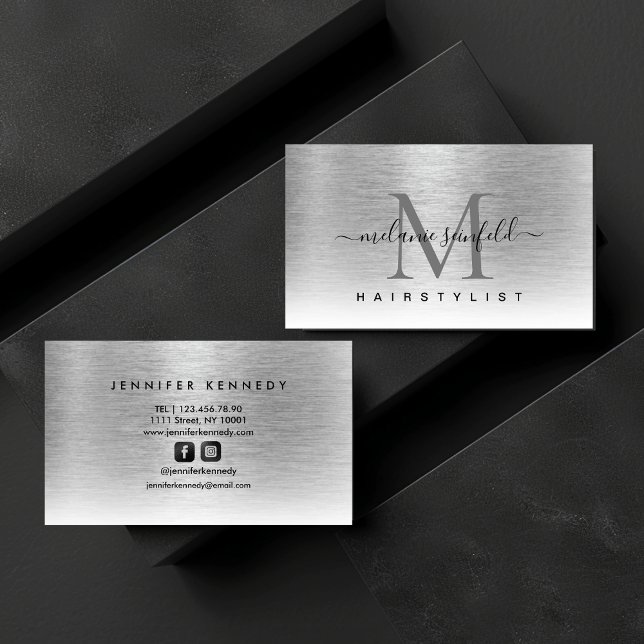 Modern för Elegant i silver Metall Visitkort (Silver Brushed Metal Elegant Monogram Modern Business Card)