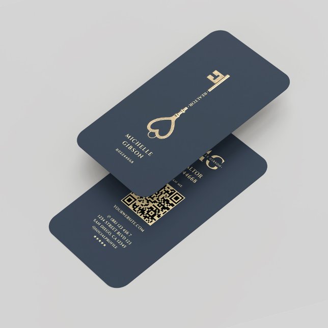 Modern för Mörk blått Nyckel--realtorn i Guld Visitkort (Realtor Dark Blue Gold Key Monogram Modern Business Card
)