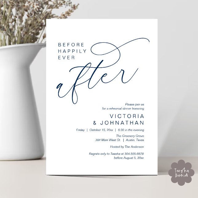 Modern före lyckligtvis efter repetitionsmiddagen inbjudningar (Modern Before Happily Ever After Romantic Rehearsal Dinner Invites Card PDF Aesthetic navy Blue)