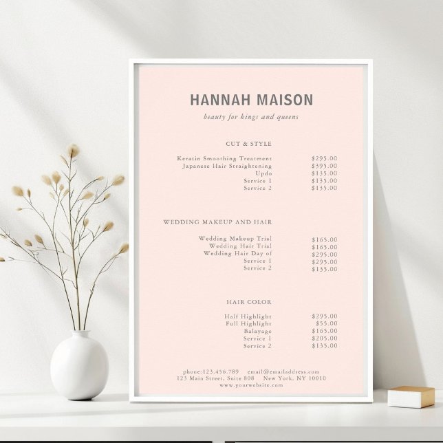 Modern förenkling, Professionell, salon, Pris list Poster (Modern, Simple, Professional, Salon, Light-Pink & Gray, Price List Poster, for Service Providers.)
