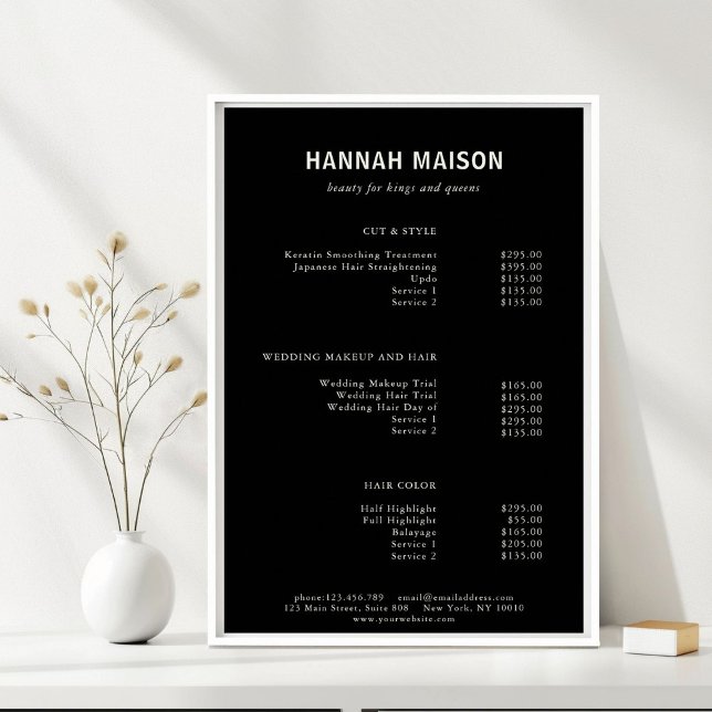 Modern förenkling, Professionell, salon, Pris list Poster (Modern Simpel, Professional,  Black & Beige, Salon, Price List Pos Poster)