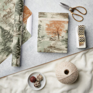 Modern Forest Hunting Grönt Toile de Jouy Mönster Presentpapper