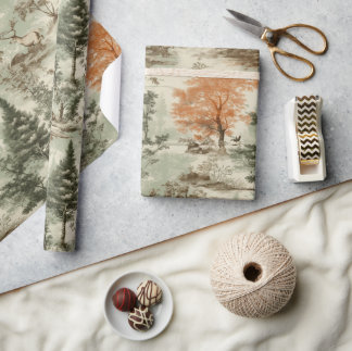 Modern Forest Hunting Grönt Toile de Jouy Mönster Presentpapper