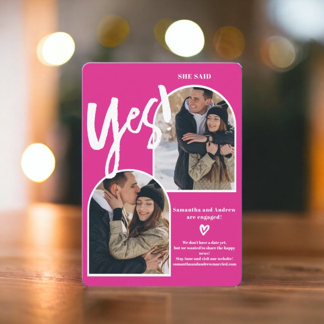 Modern förlovning för Ja-2-fotona Meddelande (Modern yes 2 photos arch hot pink engagement announcement)