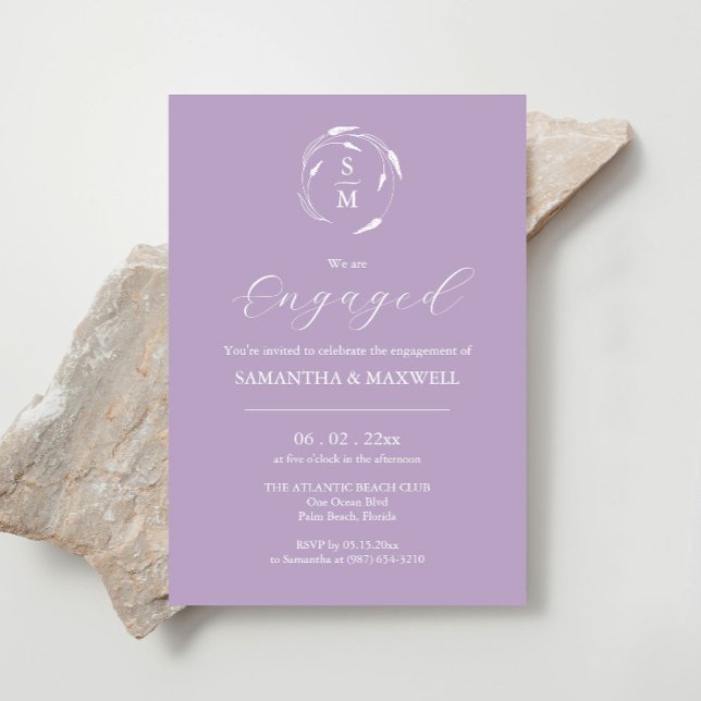 Modern Förlovning-inbjudningsdesign - Lavender Inbjudningar (Engagement invitations monogram minimalistic lavender line art by Victoria Grigaliunas )