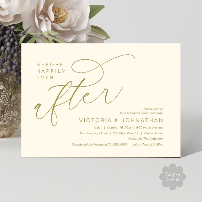 Modern Förlovningsmiddag före Lyckliga Slutet Inbjudningar (Modern Before Happily Ever After Romantic Rehearsal Dinner Invites Card PDF Aesthetic Yellow Gold)