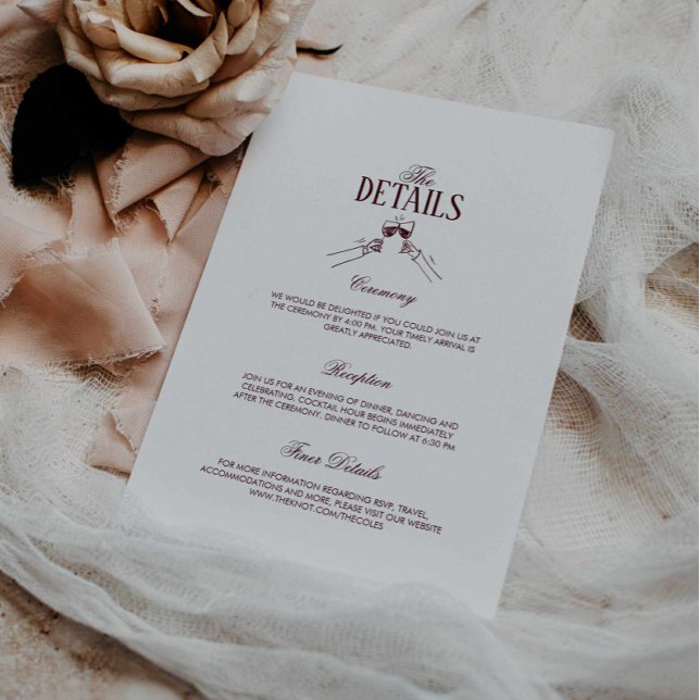 Modern Formal Burgundy Wedding Details  Tilläggskort (burgundy formal wedding details enclosure card, deep maroon wedding classic, modern retro wedding)