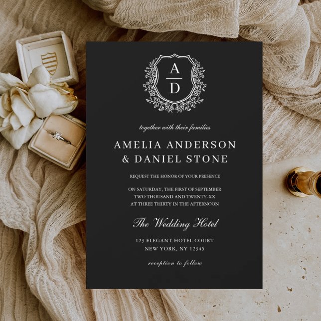 Modern Formell Blommigt Vapensköld Monogram Bröllo Inbjudningar (Skapare uppladdad)