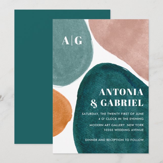 Modern former orange teal rosa monogram bröllop i  inbjudningar (Fram/baksida)