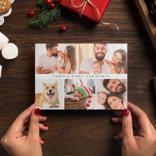 Modern första Anpassningsbarna i Baby - Fotokollag Julkort (Custom Photo Grid baby's first Christmas card.)