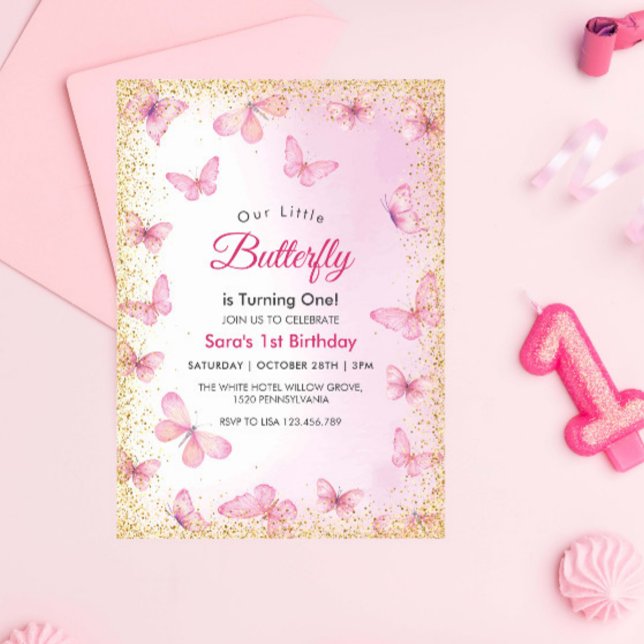 Modern första födelsedag Glitter Butterfly Party Inbjudningar (Skapare uppladdad)