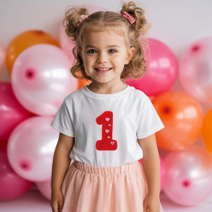 Modern Första Födelsedagen   Röd Fluffig Siffra 1 T Shirt