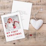 Modern första julfoto i Baby Julkort<br><div class="desc">Modern första julfoto i Baby. Min första jul i en modern fetstilt typografi i rött. Byt bara ut exempelbilden mot din egen favorit med kvadratiskt format och anpassa den med hälsning och namn i grund och med meddelandet på baksidan.</div>