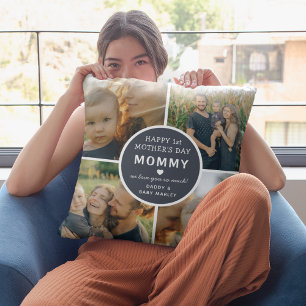 Modern första Mors dag Mamma 4-fotokollage Kudde