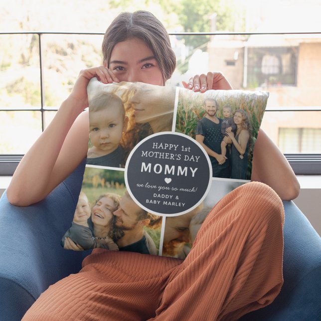 Modern första Mors dag Mamma 4-fotokollage Kudde (Skapare uppladdad)