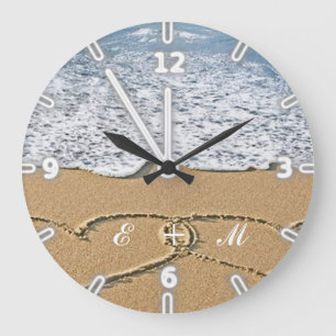Modern förtjusande tropisk strand, Hjärta-Monogram Stor Klocka