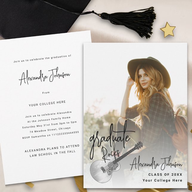 Modern fotexamenfest meddelande (Modern graduate photo country guitar music themed graduation party and announcement card)
