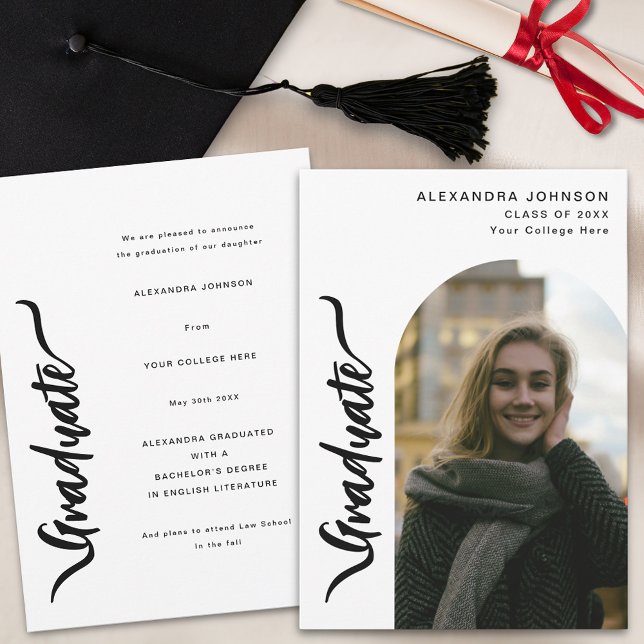 Modern Foto Arkitektur Examen Meddelande (Modern stylish script arch photo Graduation announcement card simple casual trendy)