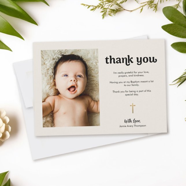 Modern foto-baptism Guld Kor Cream Baby Tack Kort (Stylish, minimalist, trendy, gold cross, photo, baptism thank you card.)