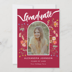 Modern Foto Boho Blommig Röd Examenfest Inbjudningar