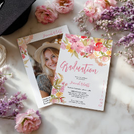 Modern foto Boho Rosa Lavendel blomsterlig examen Inbjudningar