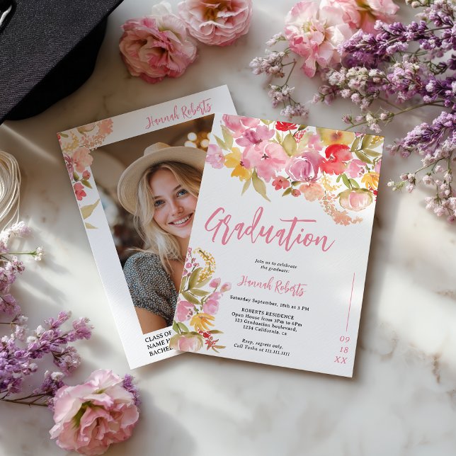 Modern foto Boho Rosa Lavendel blomsterlig examen Inbjudningar (Modern photo Boho Pink Lavender floral graduation Invitation)