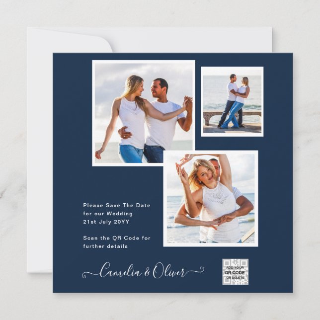 Modern FOTO Bröllopsinbjudan QR KOD RSVP Blå Inbjudningar (Framsida)