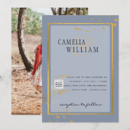 Modern FOTO Bröllopsinbjudan QR KOD RSVP Blå Inbjudningar