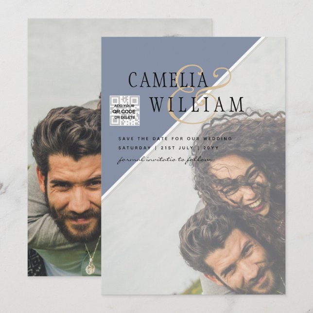 Modern FOTO Bröllopsinbjudan QR-KOD RSVP Blå Inbjudningar (Fram/baksida)