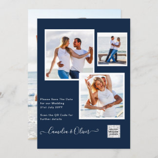 Modern FOTO Bröllopsinbjudan QR-KOD RSVP Blå Inbjudningar