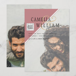 Modern FOTO Bröllopsinbjudan QR-KOD RSVP Damnrosa Inbjudningar