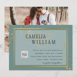 Modern FOTO Bröllopsinbjudan QR KOD Rsvp Grön