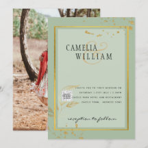 Modern FOTO Bröllopsinbjudan QR-KOD Rsvp Grön