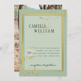 Modern FOTO Bröllopsinbjudan QR-KOD Rsvp Grön Inbjudningar