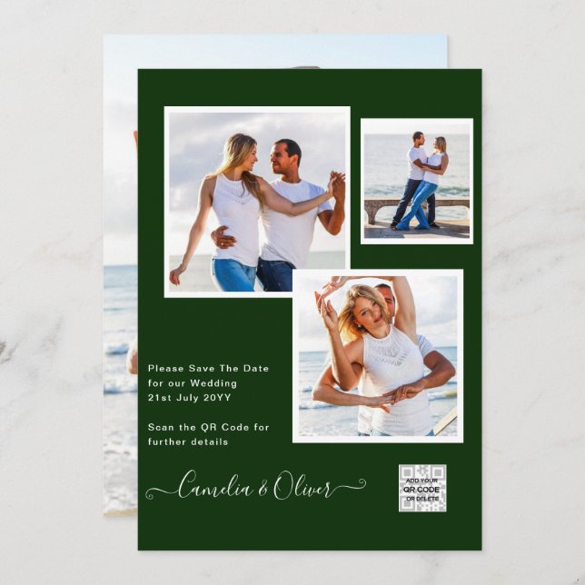 Modern FOTO Bröllopsinbjudan QR-KOD Rsvp Grön Inbjudningar (Fram/baksida)