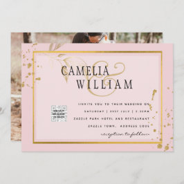 Modern FOTO Bröllopsinbjudan QR-KOD RSVP Rosafärga