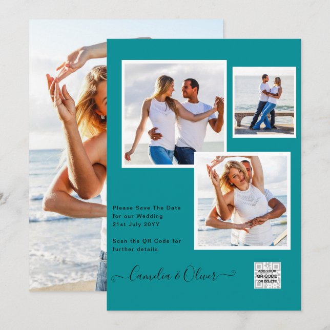 Modern FOTO Bröllopsinbjudan QR-KOD RSVP TEAL Inbjudningar (Fram/baksida)