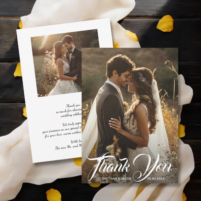 Modern Foto Enkel Bröllop Tack Kort (Modern wedding photos flat thank you cards, default size 5" x 7")