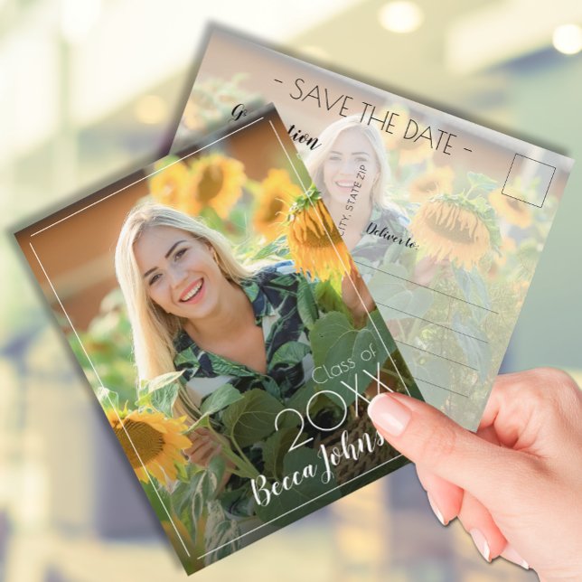 Modern Foto Examen Spara Datum Vykort (Photo graduation Save the Date postcards feature your details on the back)