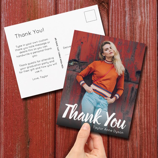 Modern Foto Examen Vitt Skript Tack Vykort (Thank you graduation postcards with your photo on the front and message on the back)