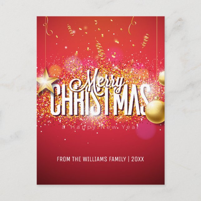 Modern foto för god jul Red Guld Glitter Helg Vykort (Framsida)