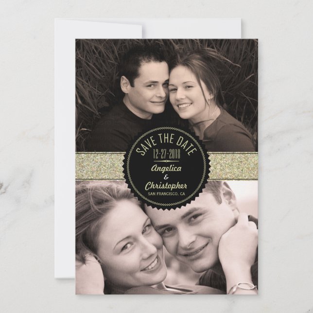 Modern foto för Guld Glitter & Black Spara datum Datumet (Framsida)