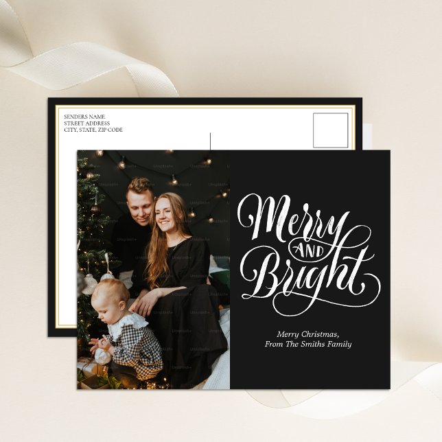 Modern foto för merry och Bright Black Calligraphy Helg Vykort (Skapare uppladdad)