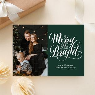 Modern foto för merry och Bright Grönt Calligraphy Julkort