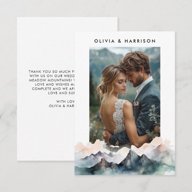 Modern foto för vattenfärgsberg liggande Bröllop Tack Kort (Fram/baksida)