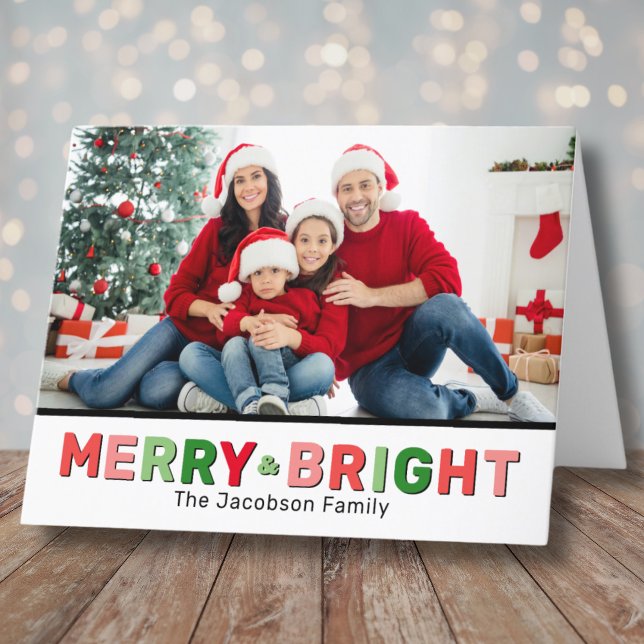 Modern Foto Glad Lysande Jul Helgkort (Cute Modern Photo Merry Bright Christmas Holiday Card)