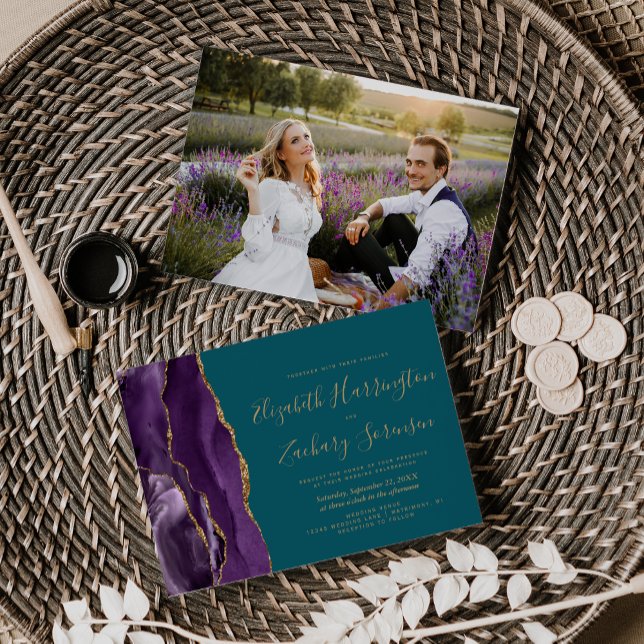 Modern Foto Lila Guld Agat Turkos Bröllop Inbjudningar (Skapare uppladdad)